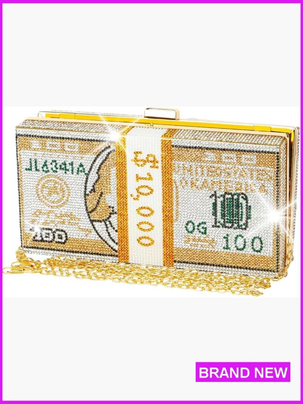 Gold Rhinestone Dollar Print Clutch Shoulder Bag Evening Party Glam